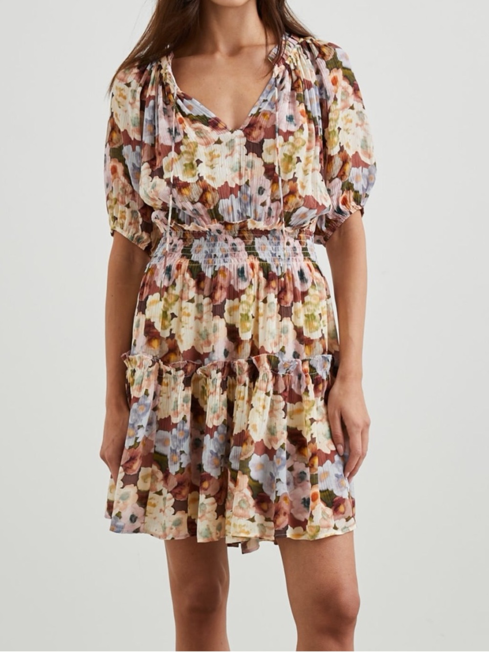 Rails Fiorella Painted Floral Short Sleeve Cinched Waist Midi Dress Size Medium